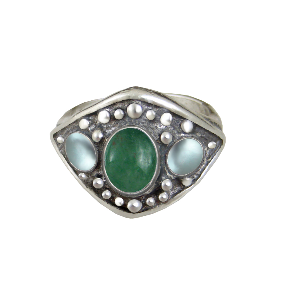 Sterling Silver Medieval Lady's Ring with Jade And Blue Topaz Size 9